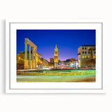 Abstract art print of Tel Aviv skyline in muted gray and white tones, framed with a white mat, ideal for dining room decor.