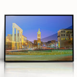 Large abstract wall art depicting Tel Aviv skyline in muted gray and blue tones on framed acrylic.