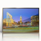 Framed acrylic print of Tel Aviv skyline in gold and beige tones, ideal for modern art wall decor.