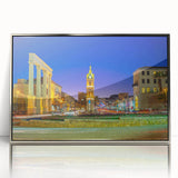 Mid-century modernist art depicting Tel Aviv skyline in muted gray and blue tones on a framed acrylic panel.