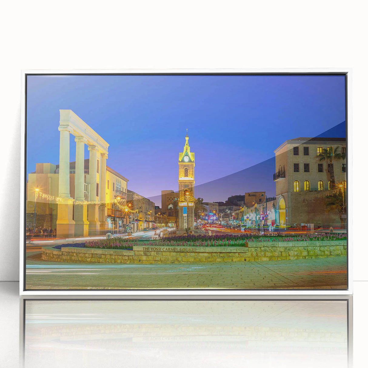 Acrylic print of Tel Aviv skyline in muted gray and white, ideal for modern art wall decor in a nursery.