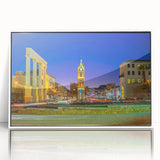 Acrylic print of Tel Aviv skyline in muted gray and white, ideal for modern art wall decor in a nursery.