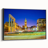 Black and white framed canvas of Tel Aviv landscape, vintage poster style, ideal for bedroom decor.