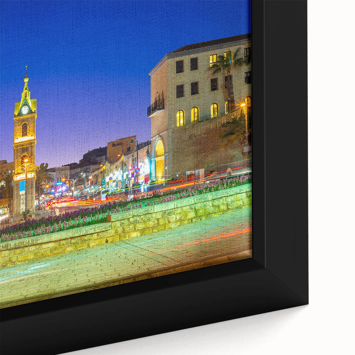 Extra large framed canvas of Tel Aviv scenery in textured, colorful art style, featuring black dominant tones.