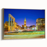 Framed canvas depicting a vintage-style Tel Aviv landscape in muted gold and black, ideal for bedroom wall art.