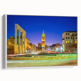 Vintage poster art of Tel Aviv skyline in vibrant colors on extra large framed canvas, ideal for living room decor.