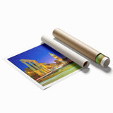 Extra large rolled print of Tel Aviv scenery with floral motifs in muted earth tones, ideal for classy bathroom wall art.