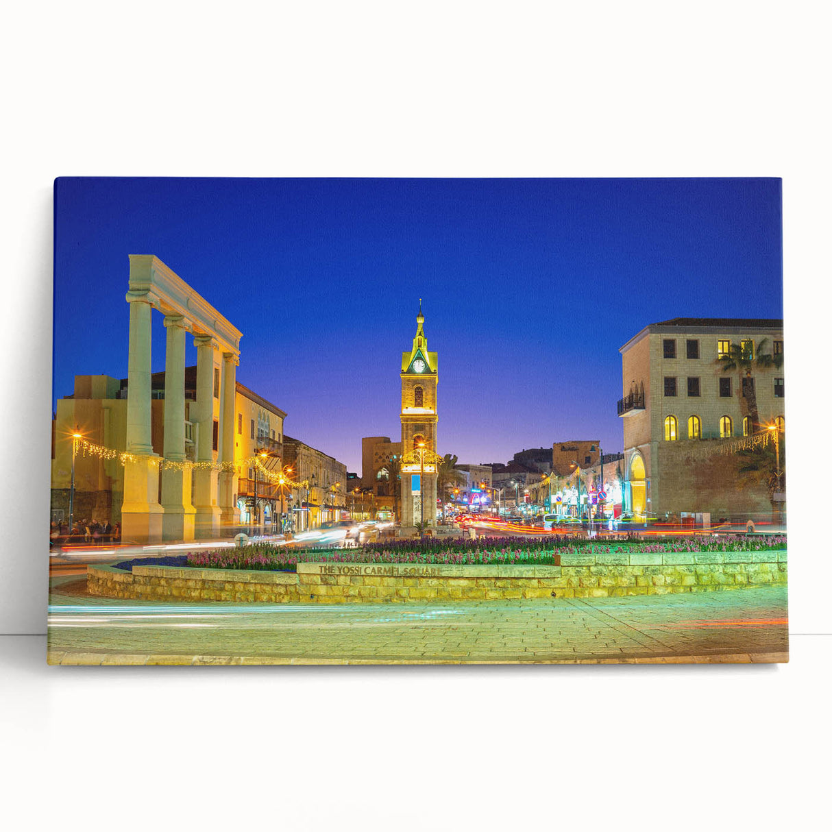 Black and white photograph of Tel Aviv skyline on stretched canvas.