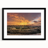 Extra large abstract art print of a Middle Eastern scenery in vibrant colors on a textured canvas, framed in black.