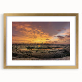 Extra large abstract art print of a Middle Eastern scenery in muted earth tones on a textured canvas, framed in gold.