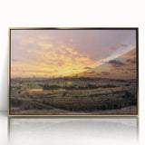 Mid-century modernist acrylic print of a Middle Eastern scenery in gold tones, ideal for modern art wall decor.