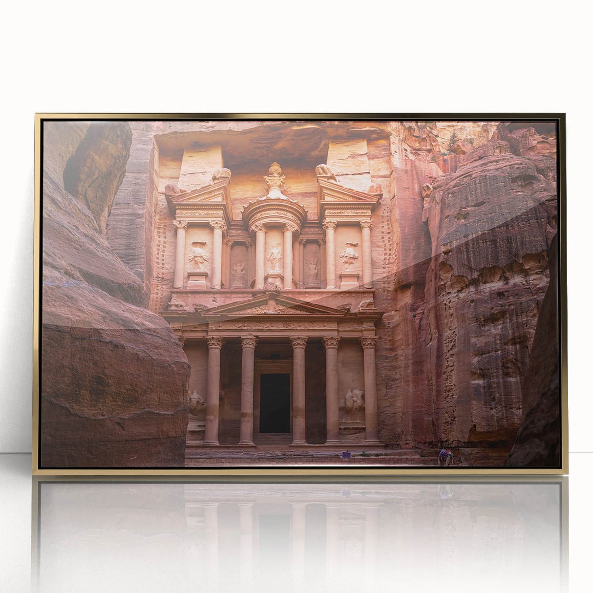 Large art print of Jordanian scenery in mid-century modernist style with gold frame, ideal for modern art wall decor.