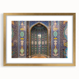Abstract art print of a Middle Eastern scenery in textured gold tones on a large framed canvas, ideal for living room decor.