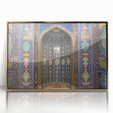 Large acrylic print of an Omani landscape in gold tones, framed, mid-century modernist style.