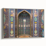 Landscape art painting of Oman scenery on framed canvas, featuring silver tones and a vintage poster style.