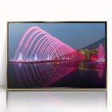 Mid-century modernist style large art print of a Qatar scenery in gold tones on framed acrylic.