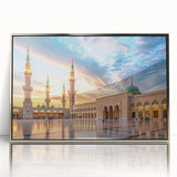 Mid-century modernist art depicting a Saudi Arabian landscape in silver acrylic, framed, suitable for nursery wall décor.