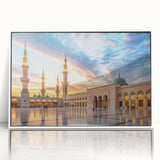 Art deco poster of a Middle Eastern scenery in Saudi Arabia, featuring muted earth tones on a white framed acrylic.