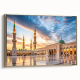 Framed canvas of a vintage-style Saudi Arabian landscape in gold and black tones, ideal for bedroom wall art.