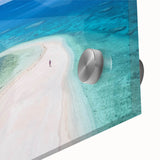 Large abstract wall art depicting an oceanic Fiji scenery in pastel shades on acrylic glass, suitable for dining room decor.