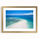 Extra large abstract art print featuring textured scenery of Oceania, Fiji in a gold frame, ideal for living room decor.