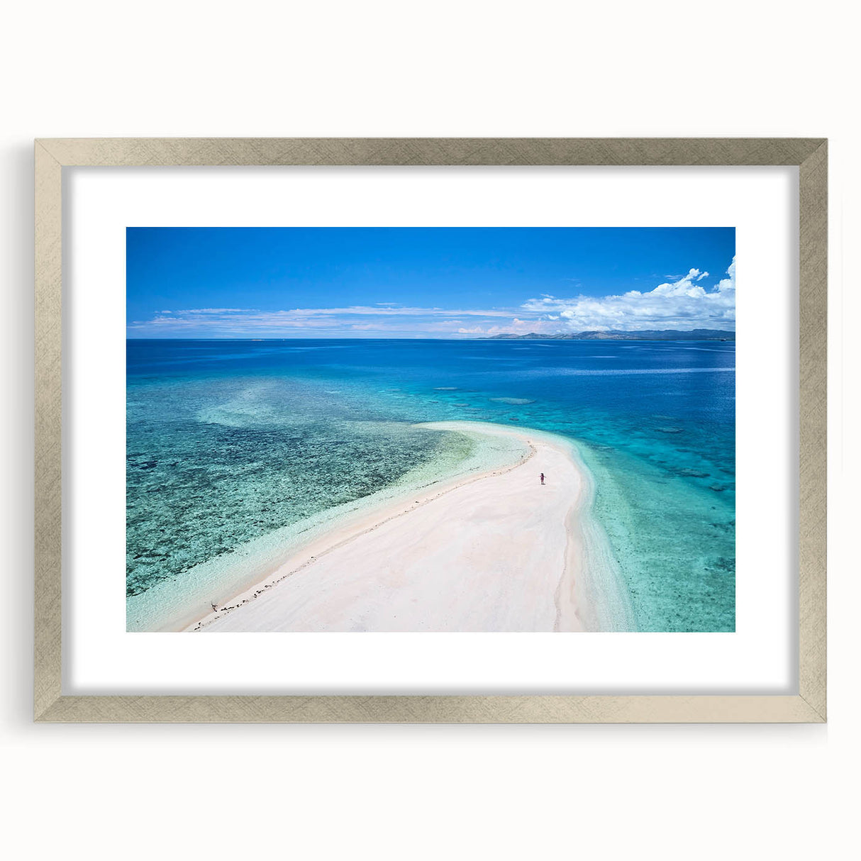 Textured abstract art print depicting a serene Oceania Fiji scenery in muted blue and green tones, framed in silver.