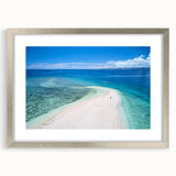 Textured abstract art print depicting a serene Oceania Fiji scenery in muted blue and green tones, framed in silver.