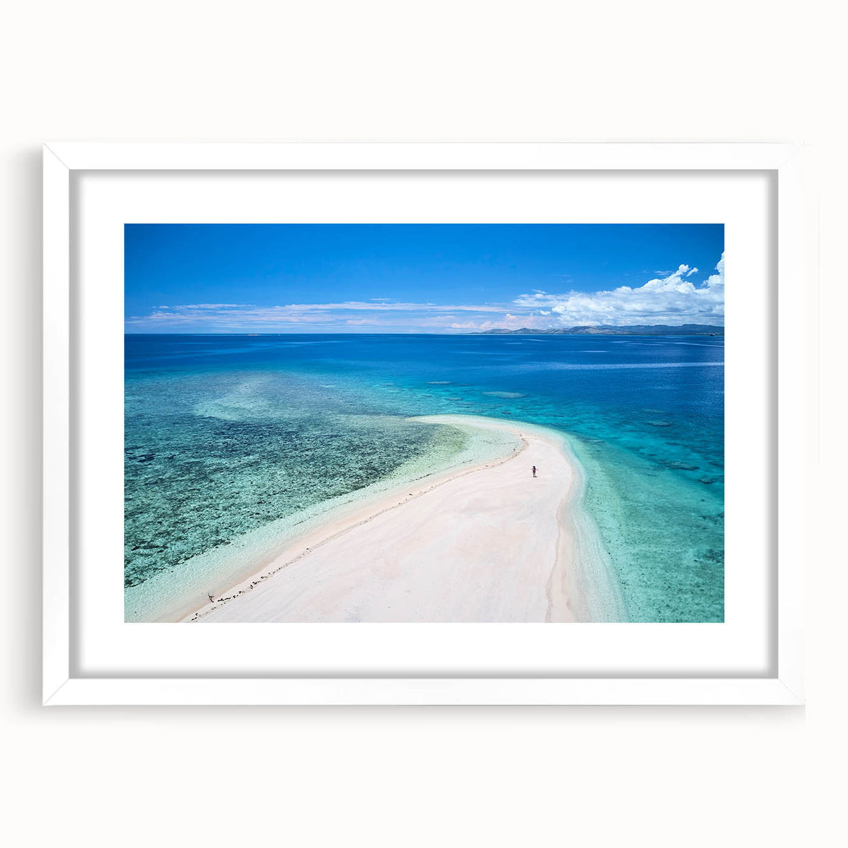 Abstract art print of Oceania, Fiji scenery in soft blue and green tones on a framed white canvas.