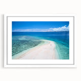 Abstract art print of Oceania, Fiji scenery in soft blue and green tones on a framed white canvas.