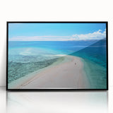 Large abstract wall art depicting an oceanic scene in Fiji with vivid blue and turquoise tones on a black-framed acrylic…