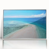 Art deco poster of a serene Fiji seascape in muted blue and green tones, acrylic print in a white frame.