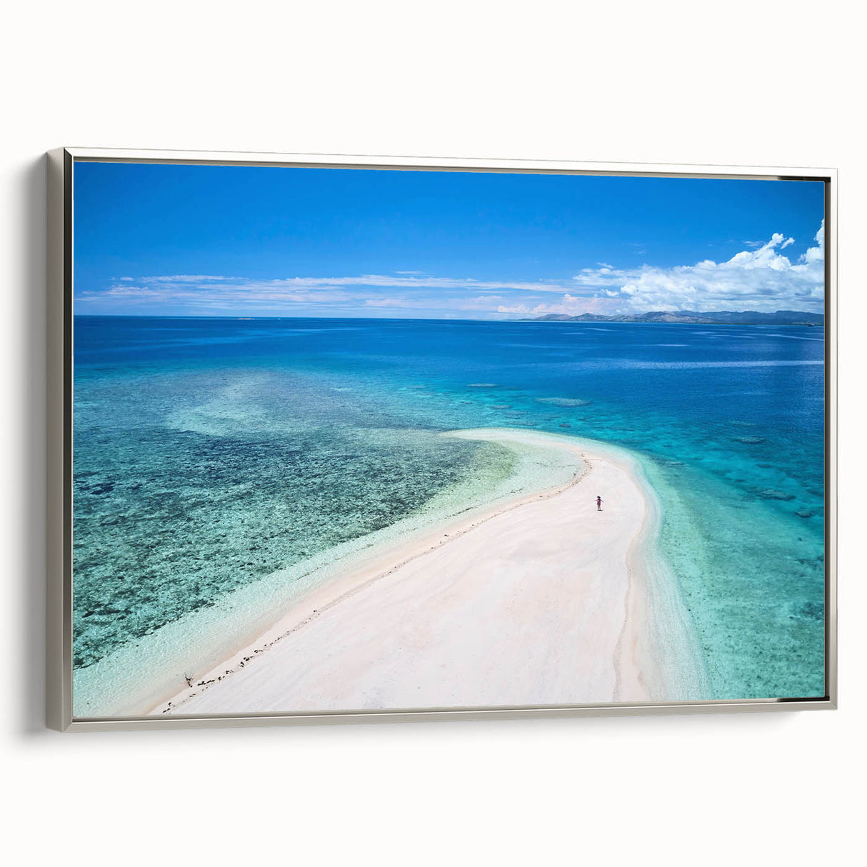 Framed canvas featuring a vintage landscape art painting of Oceania, Fiji with vibrant colors on a black background.