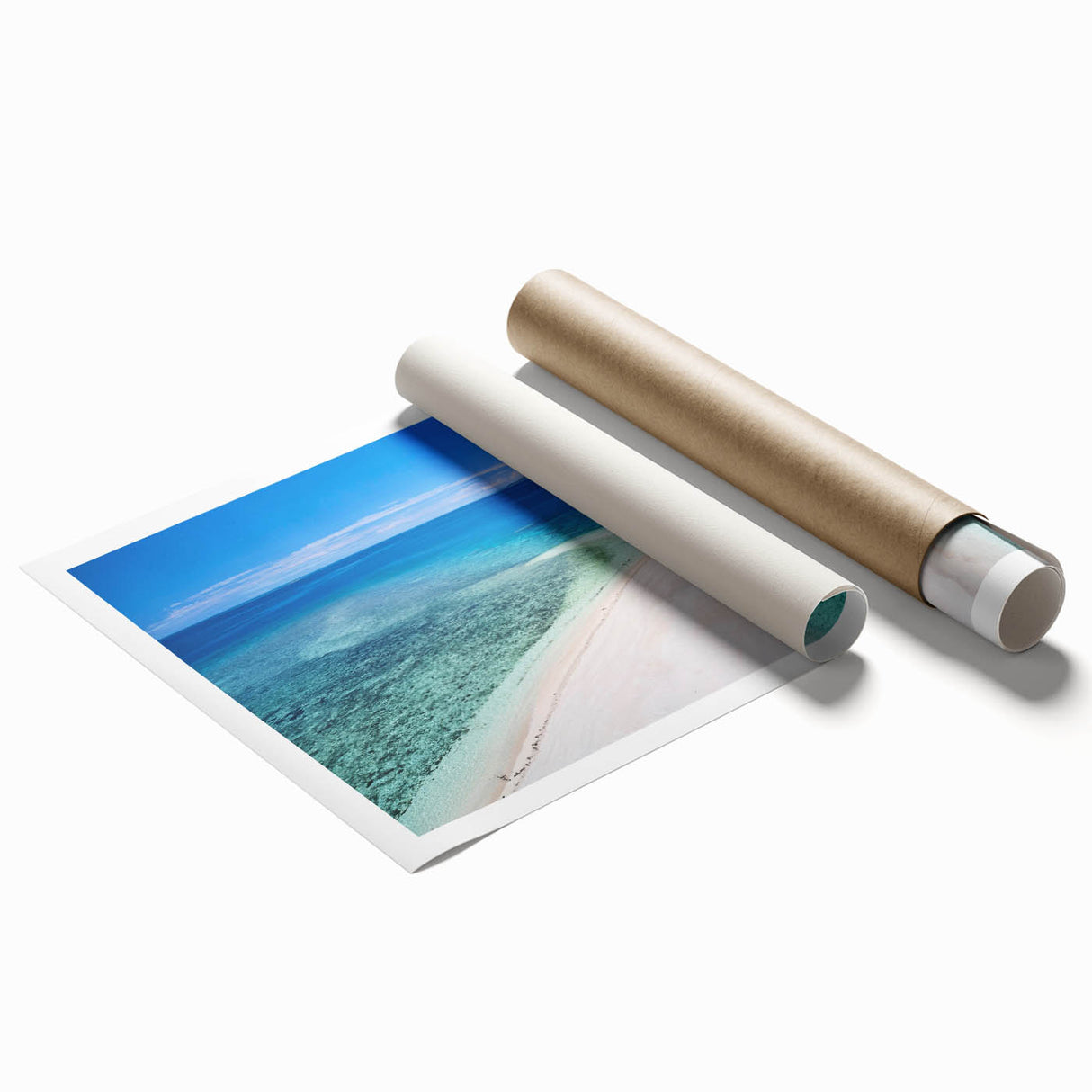 Extra large rolled print of a serene Fiji scenery with vibrant floral elements, ideal for classy bathroom wall art.