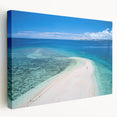 Stretched canvas print of a serene Fiji ocean scene in soft blue and green tones, ideal for kitchen wall art.