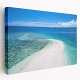 Stretched canvas print of a serene Fiji ocean scene in soft blue and green tones, ideal for kitchen wall art.