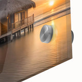 Large abstract wall art of Bora Bora's turquoise waters and green islets on acrylic glass, ideal for dining room decor.