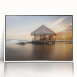 Art deco poster of Bora Bora with serene blue waters and lush green islands, framed in white acrylic.