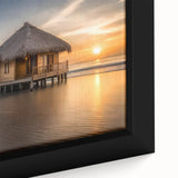 Black framed canvas featuring a textured, colorful depiction of Bora Bora's landscape, ideal for living room decor.