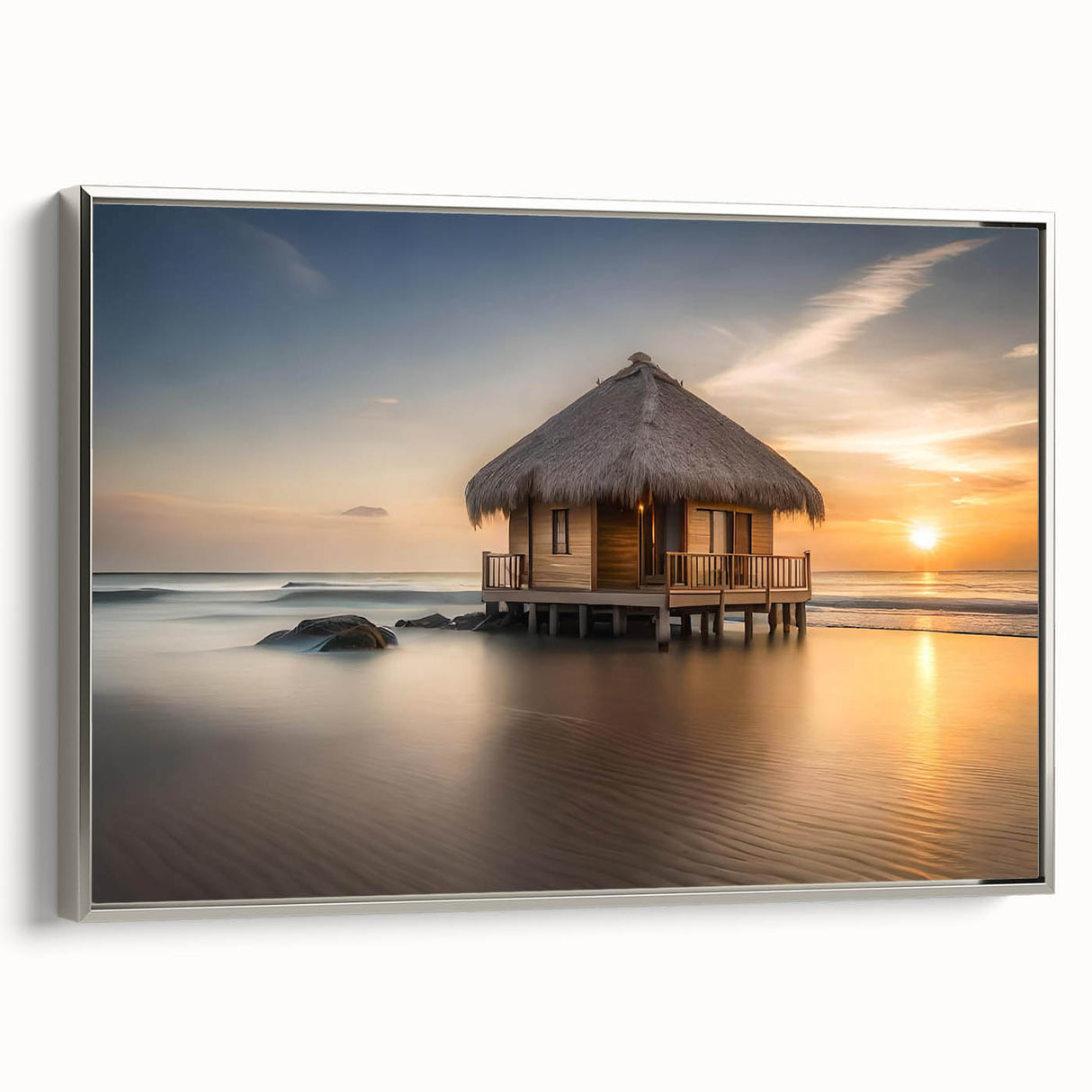 Landscape art painting of Bora Bora with vivid blue waters and lush greenery on silver-framed canvas.