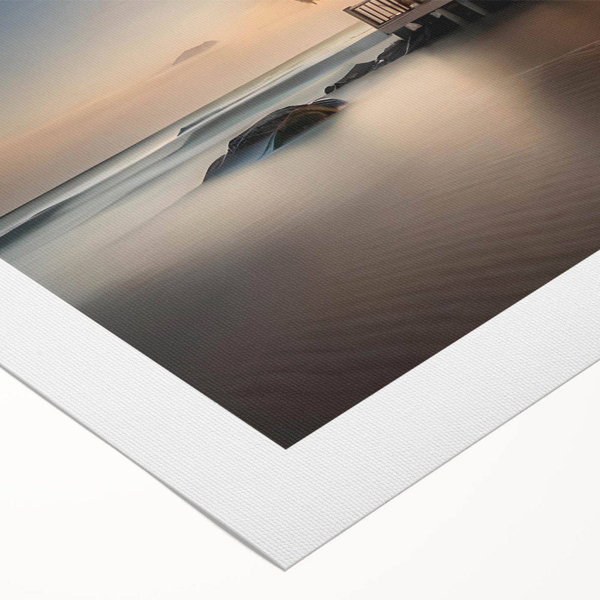 Art deco poster of a serene Bora Bora landscape in muted blue and green hues on rolled canvas.