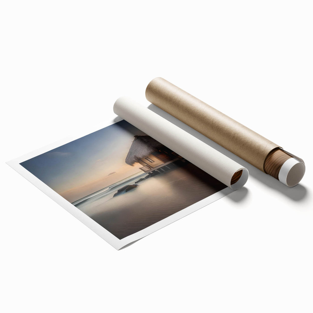 Extra large rolled print of a serene Bora Bora landscape in pastel blues and greens, ideal for classy bathroom wall art.