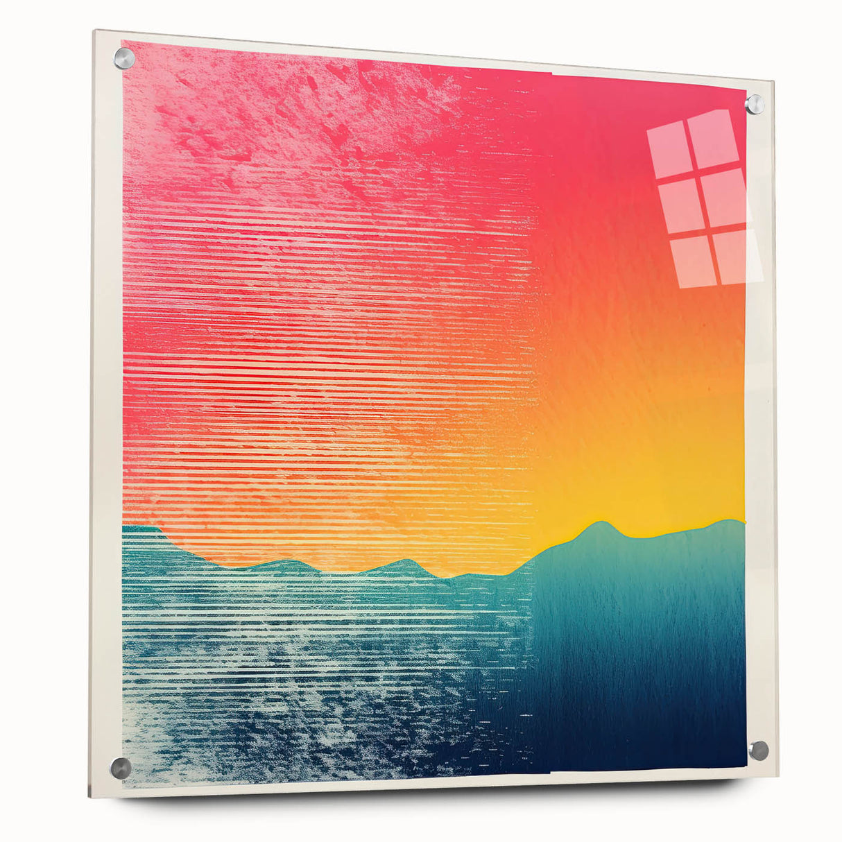 Acrylic print of Tahiti landscape in muted blue and green hues, ideal for bedroom or dining room decor.