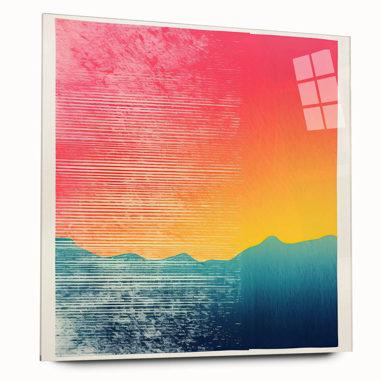 Large abstract wall art depicting the serene Tahiti coastline in muted blue and green shades on acrylic glass.