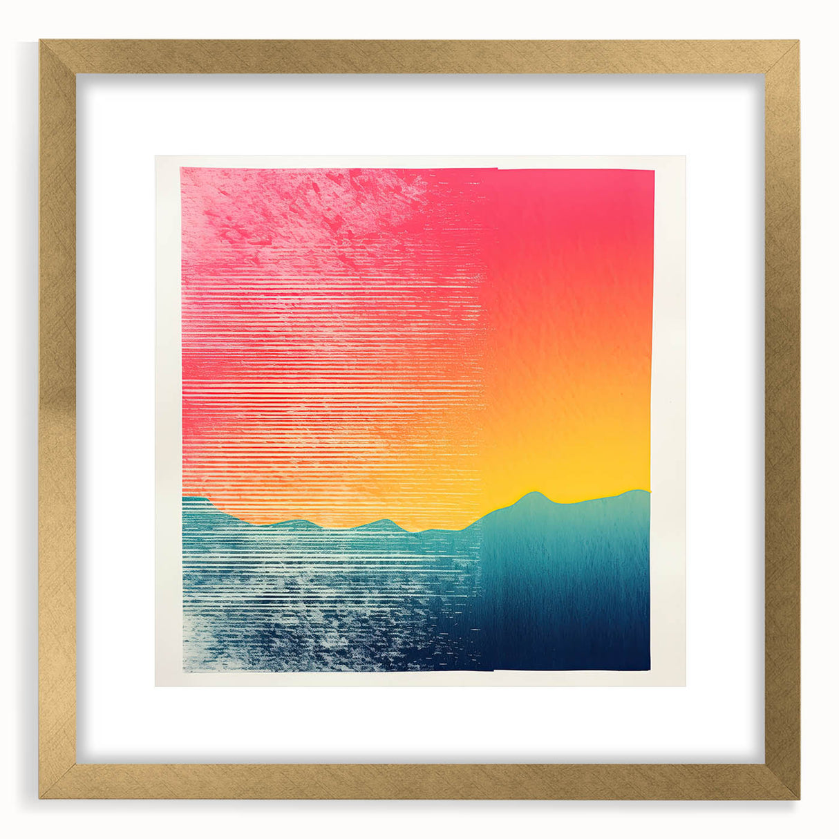 Extra large abstract art print of a serene Tahitian landscape in textured shades of blue and green, framed in gold.
