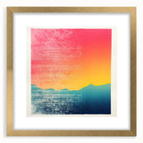 Extra large abstract art print of a serene Tahitian landscape in textured shades of blue and green, framed in gold.