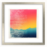 Textured art print of abstract ocean waves in blue and gray tones on a silver framed canvas.