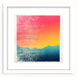 Abstract art print depicting a serene Tahiti beach scene in pastel blue and green tones, framed in white.