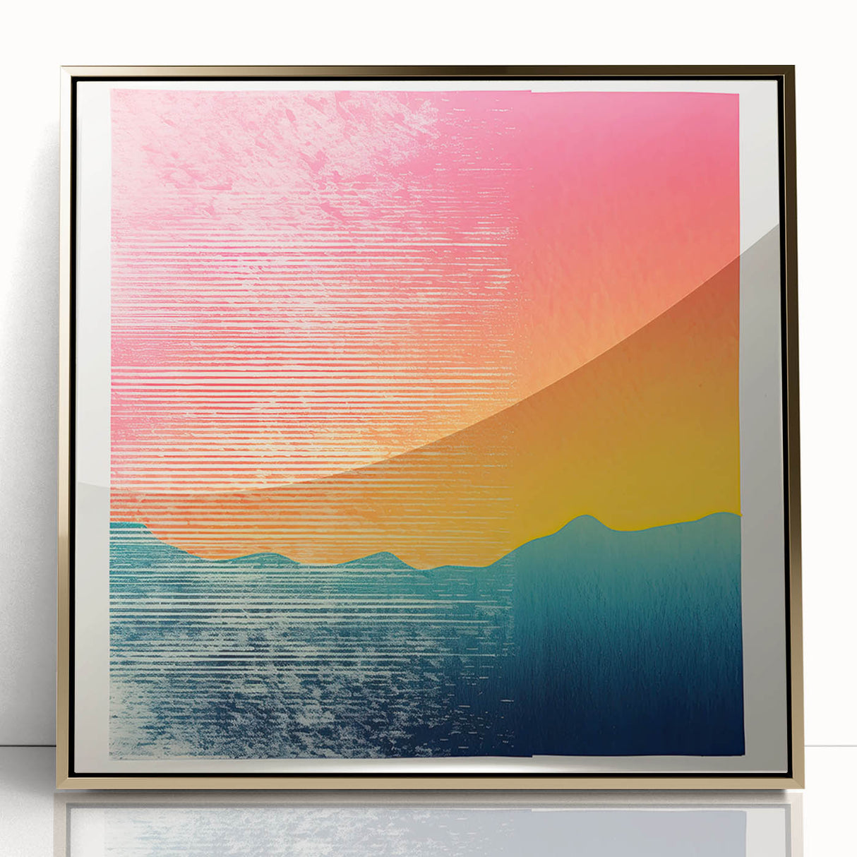 Large art print of a Tahitian landscape in mid-century modernist style, with vibrant ocean and sky colors.