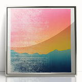 Mid-century modernist art depicting French Polynesia in Tahiti with vibrant ocean blues, framed in silver acrylic.