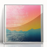 Art deco poster of Tahitian scenery with vibrant blue and green hues on white-framed acrylic.